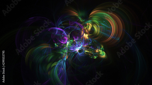 Abstract green and blue fiery shapes. Fantasy light background. Digital fractal art. 3d rendering.