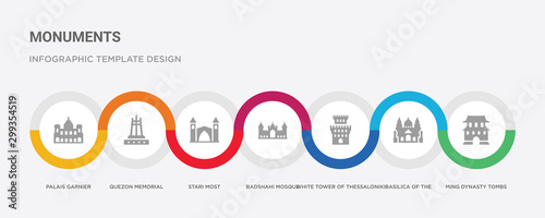 7 filled icon set with colorful infographic template included ming dynasty tombs, basilica of the sac heart, white tower of thessaloniki, badshahi mosque, stari most, quezon memorial circle, palais