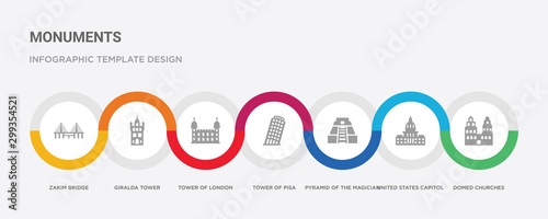 7 filled icon set with colorful infographic template included domed churches, united states capitol, pyramid of the magician, tower of pisa, tower of london, giralda tower, zakim bridge icons
