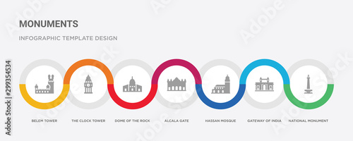7 filled icon set with colorful infographic template included national monument monas, gateway of india, hassan mosque, alcala gate, dome of the rock, the clock tower, belem tower icons