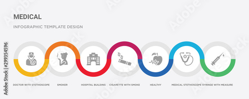 7 filled icon set with colorful infographic template included syringe with measure marks, medical stethoscope, healthy, cigarette with smoke, hospital building, smoker, doctor stethoscope icons