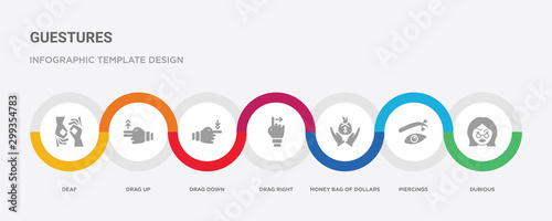 7 filled icon set with colorful infographic template included dubious, piercings, money bag of dollars, drag right, drag down, drag up, deaf icons