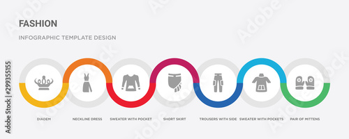 7 filled icon set with colorful infographic template included pair of mittens, sweater with pockets, trousers with side pockets, short skirt, sweater pocket, neckline dress, diadem icons