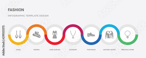 7 filled icon set with colorful infographic template included precious stone, leather jacket, footwear, accesory, long sleeves, fedora, jewel icons