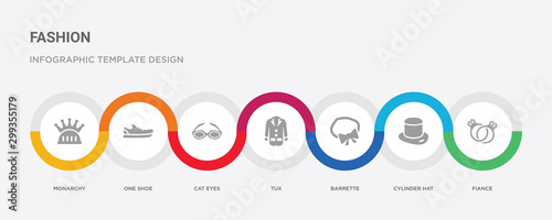 7 filled icon set with colorful infographic template included fiance, cylinder hat, barrette, tux, cat eyes, one shoe, monarchy icons