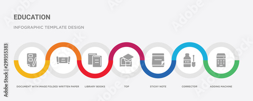 7 filled icon set with colorful infographic template included adding machine, corrector, sticky note, top, library books, folded written paper, document with image and content icons