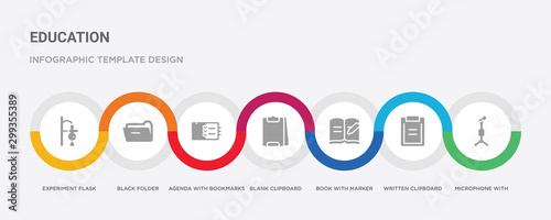 7 filled icon set with colorful infographic template included microphone with stand, written clipboard, book with marker, blank clipboard, agenda bookmarks, black folder, experiment flask leaves