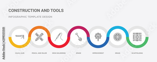 7 filled icon set with colorful infographic template included scaffolding, drain, improvement, spade, iron soldering, pencil and ruler, caulk gun icons