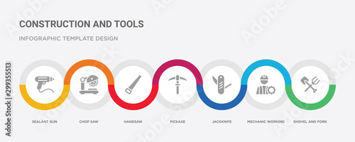 7 filled icon set with colorful infographic template included shovel and fork, mechanic working, jackknife, pickaxe, handsaw, chop saw, sealant gun icons