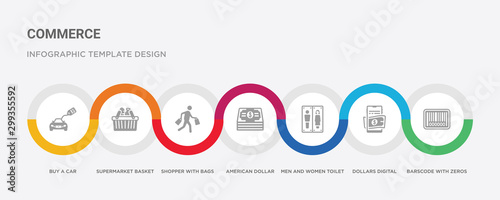 7 filled icon set with colorful infographic template included barscode with zeros, dollars digital commerce, men and women toilet, american dollar, shopper with bags, supermarket basket, buy a car