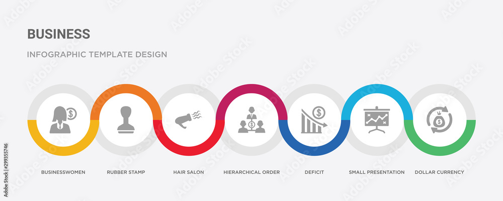 7 filled icon set with colorful infographic template included dollar currency, small presentation board, deficit, hierarchical order, hair salon, rubber stamp, businesswomen icons 7 filled icon set with colorful infographic template included dollar currency, small presentation board, deficit, hierarchical order, hair salon, rubber stamp, businesswomen icons