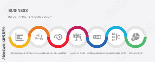 7 filled icon set with colorful infographic template included portion pie chart, connection box chart, infographic elements, marketing chart, points connected item interconnections, horizontal bar