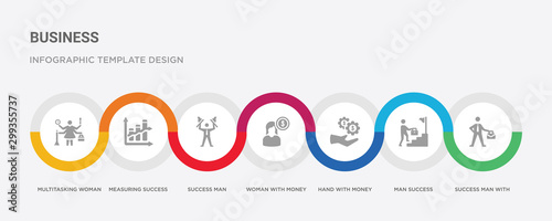 7 filled icon set with colorful infographic template included success man with suitcase, man success, hand with money gear, woman money, success man, measuring multitasking woman icons