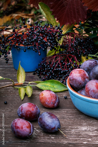 Fruit in a blue cup on a wooden table, plums, black elderberry, leaves of wild grape