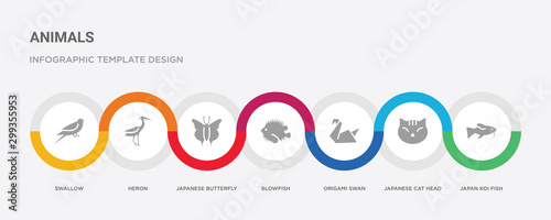 7 filled icon set with colorful infographic template included japan koi fish, japanese cat head, origami swan, blowfish, japanese butterfly, heron, swallow icons