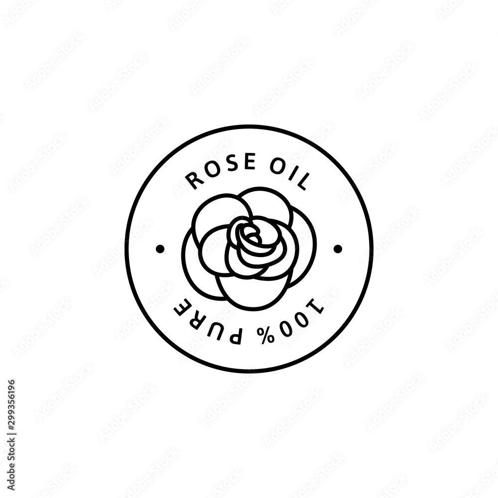 Rose essential oil icon in trendy linear style. Vector round badge oils for aromatherapy. Logo template for cosmetics Rose essential oil icon in trendy linear style. Vector round badge oils for aromatherapy. Logo template for cosmetics