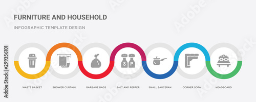 7 filled icon set with colorful infographic template included headboard, corner sofa, small saucepan, salt and pepper shakers, garbage bags, shower curtain, waste basket icons