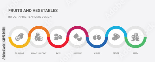 7 filled icon set with colorful infographic template included berry, potato, lychee, chestnut, olive, breast milk fruit, tangerine icons