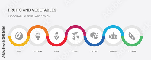 7 filled icon set with colorful infographic template included cucumber, pumpkin, coconut, olives, corn, artichoke, kiwi icons
