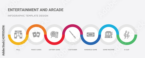 7 filled icon set with colorful infographic template included g clef, game machine, handheld game, lightsaber, lottery game, magic cards, mall icons