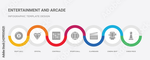 7 filled icon set with colorful infographic template included chess piece, cinema seat, clapboard, sports ball, controls, crystal, eight ball icons