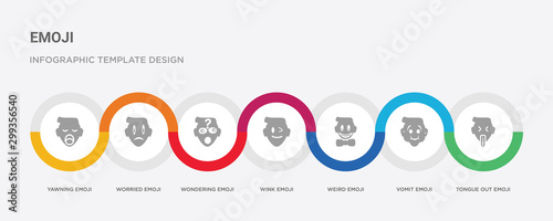 7 filled icon set with colorful infographic template included tongue out emoji, vomit emoji, weird emoji, wink wondering worried yawning icons