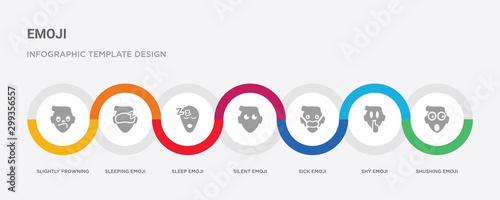 7 filled icon set with colorful infographic template included shushing emoji, shy emoji, sick emoji, silent sleep sleeping slightly frowning icons