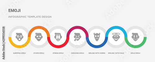 7 filled icon set with colorful infographic template included smile emoji, smiling  with halo emoji, smiling with horns emoji, sneezing stress stupid surprise icons