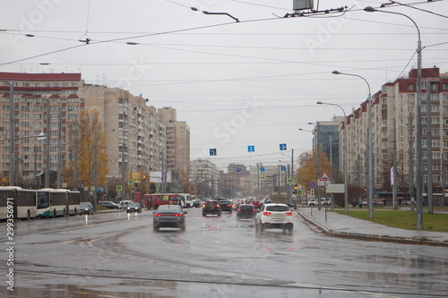 City road on a rainy autumn day