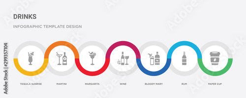 7 filled icon set with colorful infographic template included paper cup, rum, bloody mary, wine, margarita, martini, tequila sunrise icons