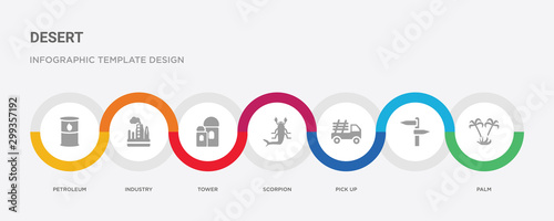 7 filled icon set with colorful infographic template included palm,  , pick up, scorpion, tower, industry, petroleum icons