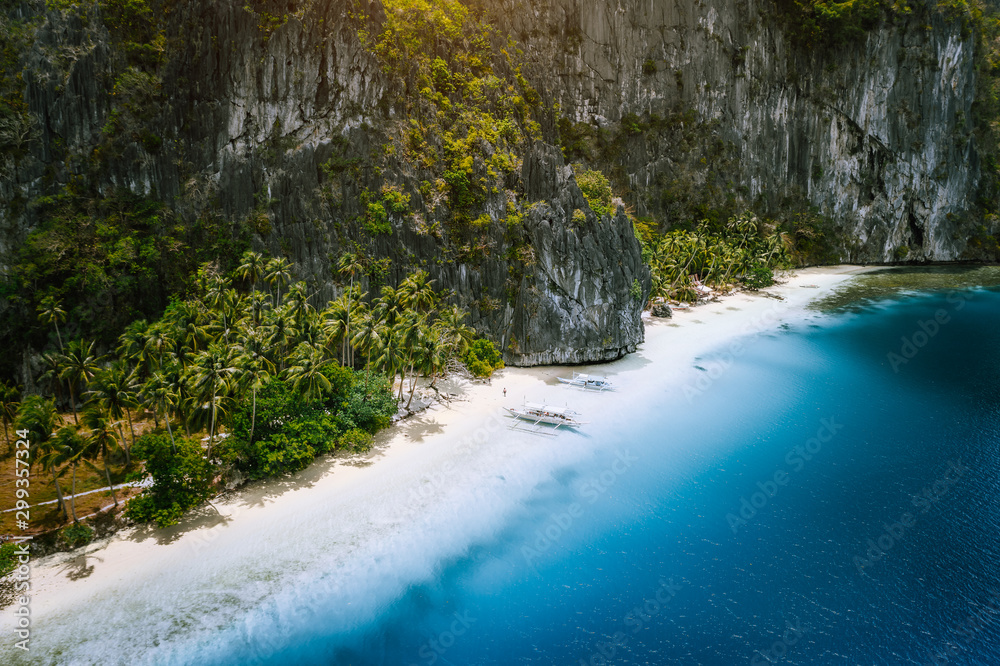 Obraz premium Aerial drone view of tropical exotic beach of Pinagbuyutan Island in El Nido. Amazing white sand beach and blue lagoon shallow water and palm trees
