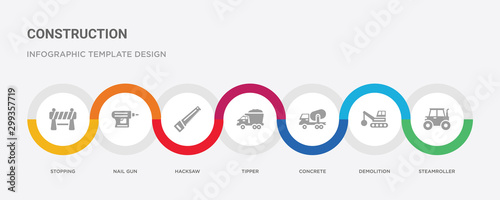 7 filled icon set with colorful infographic template included steamroller, demolition, concrete, tipper, hacksaw, nail gun, stopping icons