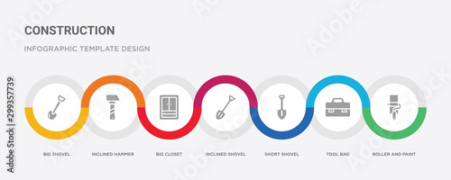 7 filled icon set with colorful infographic template included roller and paint, tool bag, short shovel, inclined shovel, big closet, inclined hammer, big shovel icons