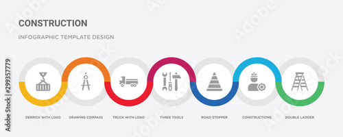 7 filled icon set with colorful infographic template included double ladder, constructions, road stopper, three tools, truck with load, drawing compass, derrick with load icons