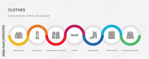 7 filled icon set with colorful infographic template included collarless cotton shirt, peplum skirt, ankle boots, loafer, chiffon suffle blouse, flare pants, henley shirt icons