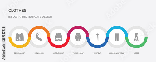 7 filled icon set with colorful infographic template included drees, oxford wave suit pants, jumpsuit, trench coat, circle skirt, men socks, denim jacket icons