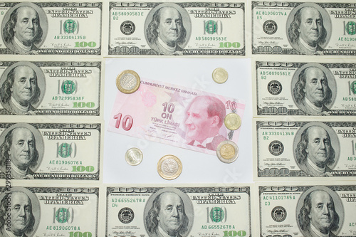 a ten Turkish Lira note surrounded by one hundred American dollars
