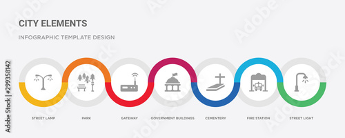 7 filled icon set with colorful infographic template included street light, fire station, cementery, government buildings, gateway, park, street lamp icons