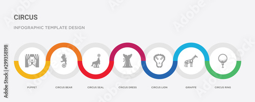 7 filled icon set with colorful infographic template included circus ring, giraffe, circus lion, circus dress, seal, bear, puppet icons