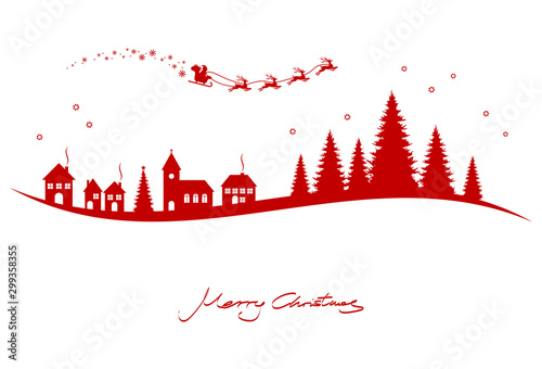 Santa Claus, reindeers, church and conifers
