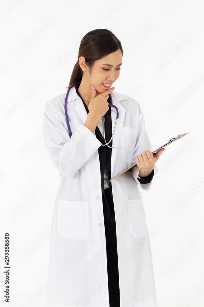 Portrait of asian an attractive young female doctor in white coat about medical or science health care concept on white background Portrait of asian an attractive young female doctor in white coat about medical or science health care concept on white background