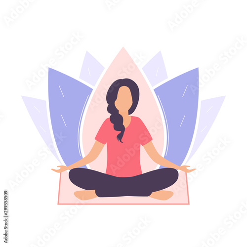 A young woman sits in a padmasana pose and meditates. A girl on a background of a lotus flower sits on a yoga mat, legs crossed. Flat vector illustration isolated on white background.