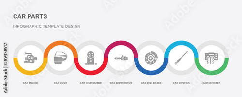 7 filled icon set with colorful infographic template included car demister, car dipstick, car disc brake, distributor, distributor cap, door, engine icons