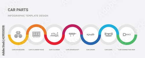 7 filled icon set with colorful infographic template included car connecting rod, car cowl, car crank, crankshaft, cylinder, cylinder head, dashboard icons