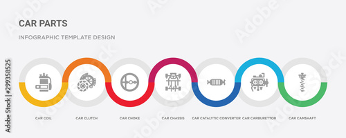7 filled icon set with colorful infographic template included car camshaft, car carburettor, car catalytic converter, chassis, choke, clutch, coil icons