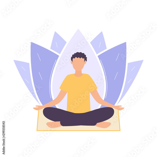 A man sits in a padmasana pose and meditates. A guy in a yellow T-shirt on a background of a lotus flower sits on a yoga mat with legs crossed. Flat vector illustration isolated on white background.