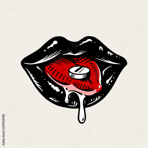 Sexy Lips in vintage style for tattoo. Medical drug on the tongue. Retro american old school sketch. Hand drawn engraved retro illustration for tattoo, t-shirt and logo or badge.