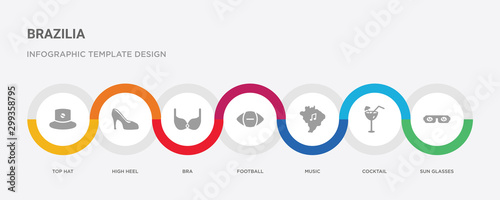 7 filled icon set with colorful infographic template included sun glasses, cocktail, music, football, bra, high heel, top hat icons