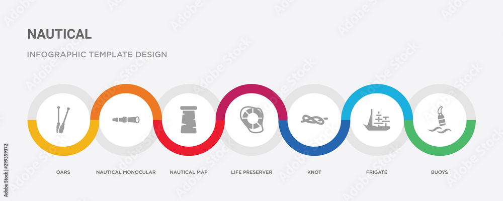 7 filled icon set with colorful infographic template included buoys, frigate, knot, life preserver, nautical map, nautical monocular, oars icons 7 filled icon set with colorful infographic template included buoys, frigate, knot, life preserver, nautical map, nautical monocular, oars icons